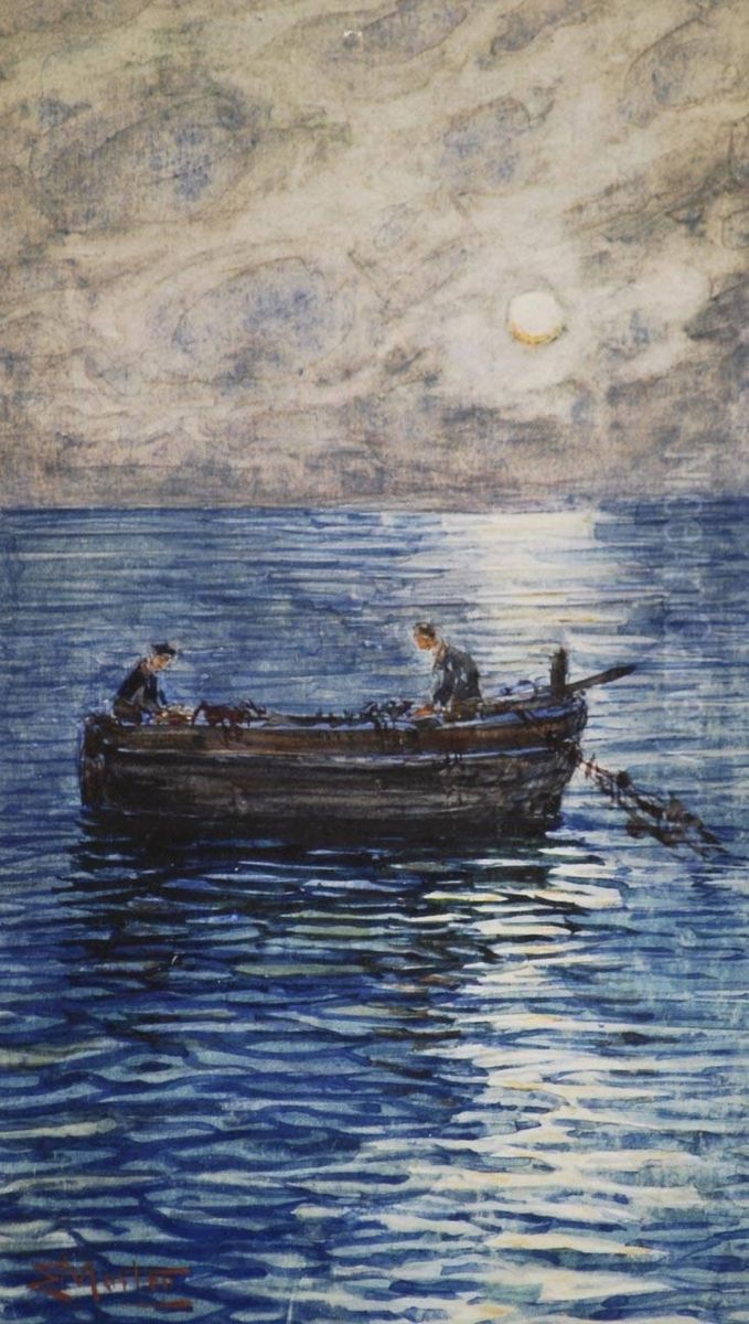 Marina Con Pescatori Fiori Oil Painting by Ettore Morteo