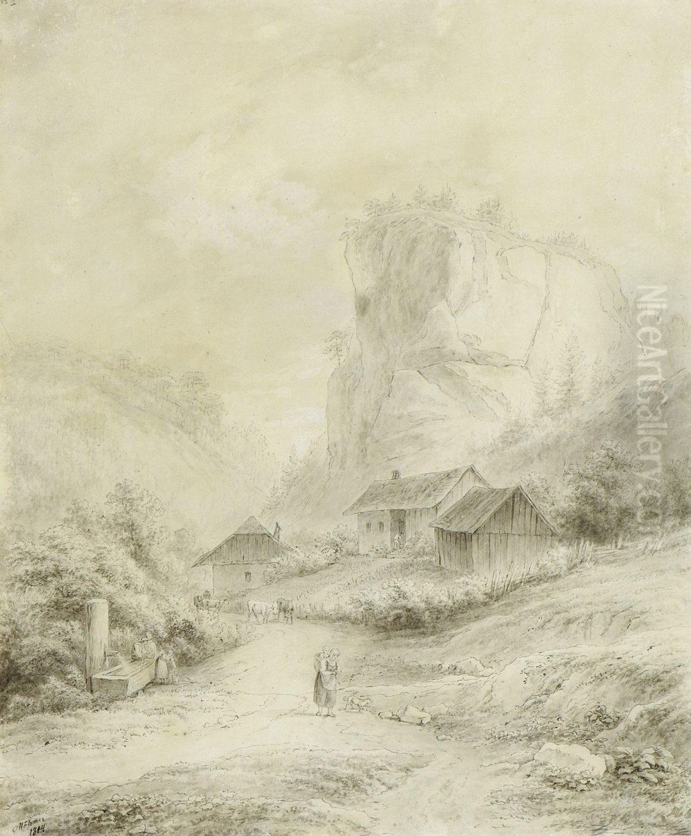 Bauernhauser In Gebirgslandschaft. Oil Painting by Joseph Mossmer