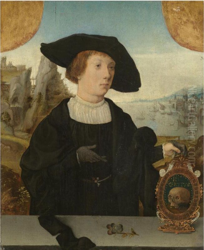 Portrait Of A Young Man, Behind A Ledge, With A Landscape Beyond,in A Black Hat, Holding A 
Memento Mori Oil Painting by Jan Mostaert