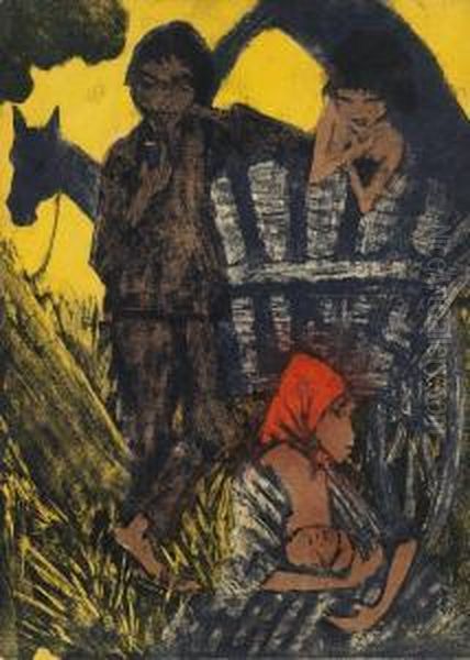 Zigeunerfamilie Am Planwagen. Oil Painting by Otto Mueller