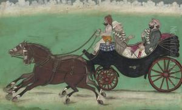 A European And An Indian Riding In A Carriage In The Punjab Oil Painting by Kaha Muhammad