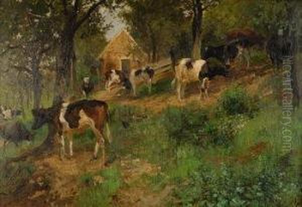 'keuhe Grasen' Grazing Cattle In Woodland Oil Painting by Albert Ernst Muhlig