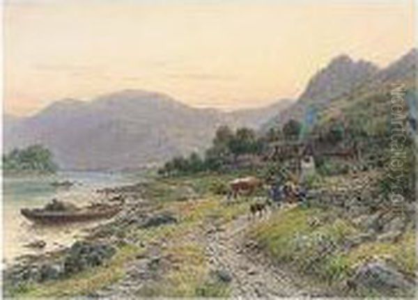 A Woman With Cattle In A Continental Landscape Oil Painting by Carl Muller