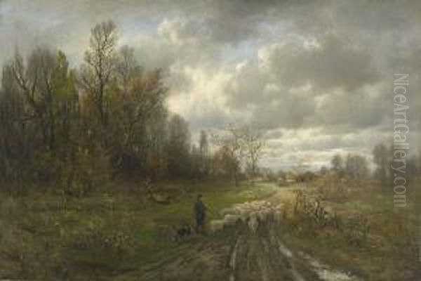 Heimkehrender Schafer Mit Herde. Oil Painting by Eduard Josef Muller