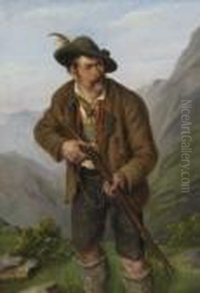 Jager Mit Flinte Im Gebirge. Oil Painting by Ernst Emmanuel Muller