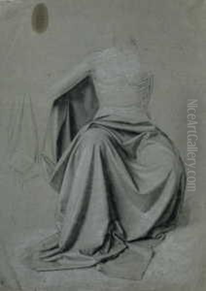 Gewandstudie. Uber Den Beinen Eines Sitzenden Halbnackten Mannes Ein Drapierter Mantel. Oil Painting by Karl Muller