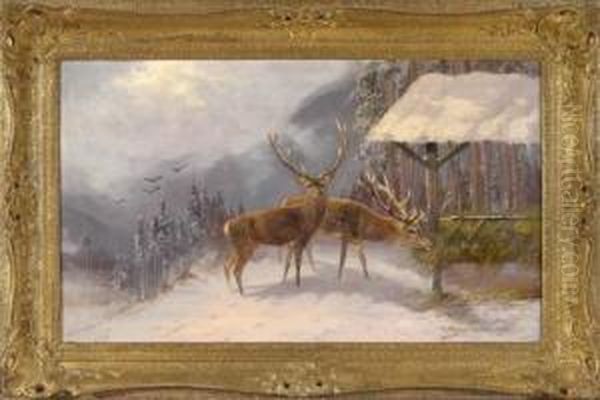 Zwei Hirsche An Der Futterkrippe Vor Winterlicher Berglandschaft Oil Painting by Moritz Muller