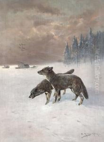 Zwei Wolfe Im Schnee. Oil Painting by Moritz Muller