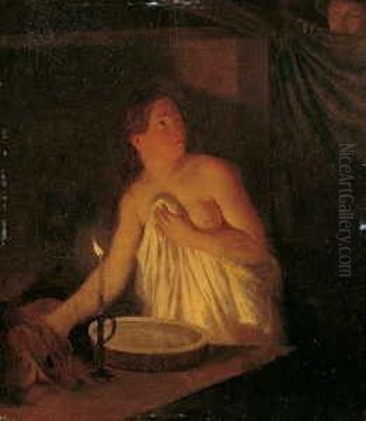 Uberrascht. Eine Halbnackte Junge Frau Bei Der Toilette Wird Von Einem Uber Einen Vorhang Spahenden Oil Painting by Moritzfeuermuller I Muller