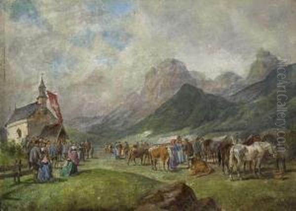 Viehmarkt Vor Schweizer Bergkapelle Oil Painting by Ludwig Muller-Cornelius