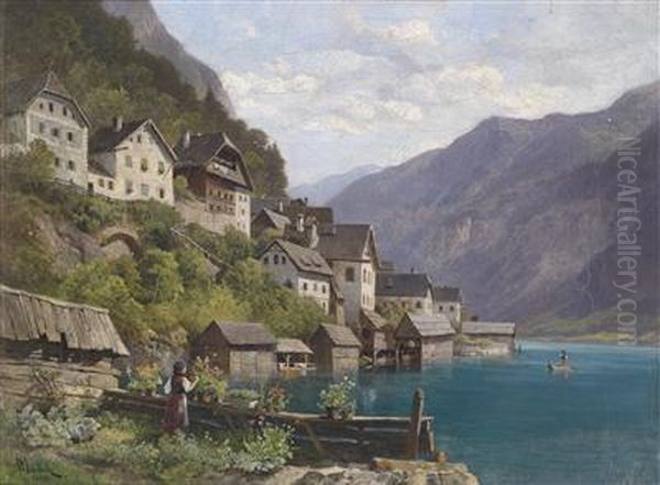 Idyllic Scene Of Lake Hallstatt Oil Painting by Leopold Munsch