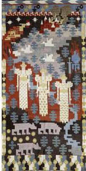 Woven Wool Tapestry Depicting Three Central Figures Oil Painting by Gerhard Munthe