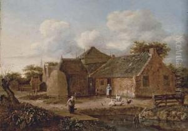 Two Peasant Women In A Farm Courtyard Oil Painting by Emmanuel Murant