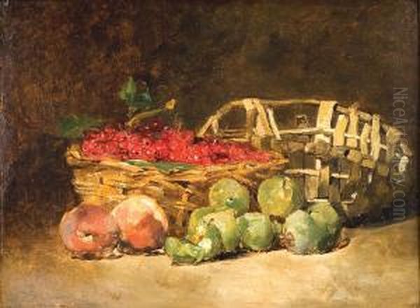 Nature Morte A La Corbeille De Baies Rouges Etde Oil Painting by Euphemie,nee Duhanot Muraton