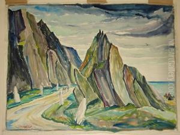 Traveller And Donkey On A Rocky Coastal Path,possibly Iceland Oil Painting by Charles Murray