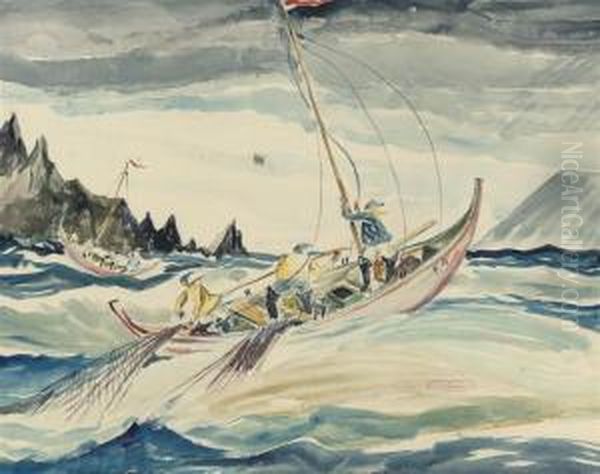 A Fishing Boat In Rough Seas Oil Painting by Charles Murray