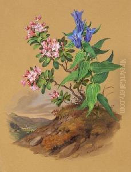 Bergblumen Mit Ansicht Des Klosters Tegernsee Oil Painting by Franz Xaver Nachtmann