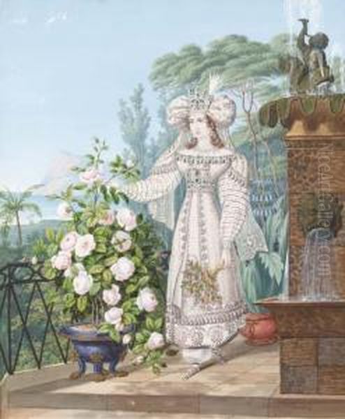 Une Femme Cueillant Une Rose Sur Une Terrasse Donnant Sur Lamer Oil Painting by Franz Xaver Nachtmann
