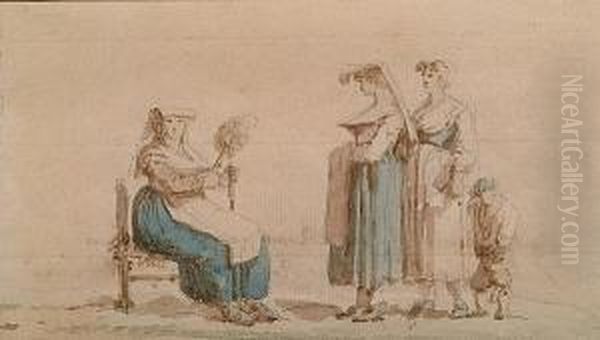 A. Three Peasant Women And A Child, One Seated And Holding A Distaff Oil Painting by Thomas Naudet