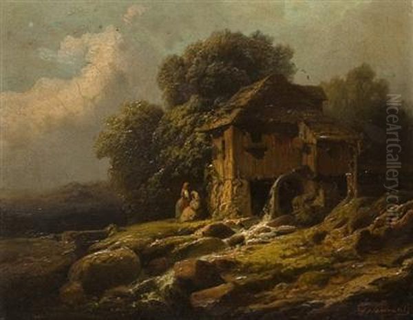 A Landscape With A Mill Oil Painting by Josef Navratil