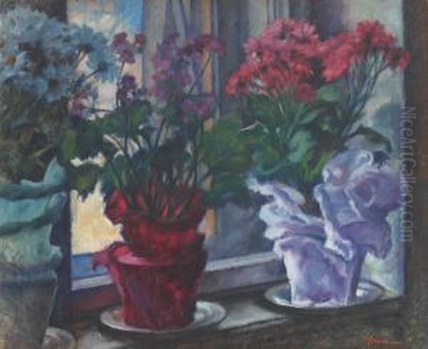 Flower Pots In The Window Oil Painting by Grigore Negosanu