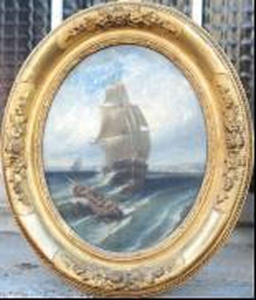 Trois Mts Dans La Baie De Marseille Oil Painting by Dominique Alphonse Negre