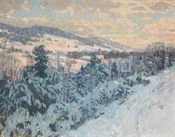 Winter Scene With Distant Farmhouses Oil Painting by Ernest Bruce Nelson