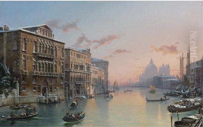 A Winter View Of The Grand Canal, Venice, From The Palazzo Cavalli-franchetti Towards Santa Maria Della Salute Oil Painting by Friedrich Nerly