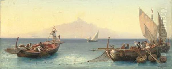Fishermen In The Bay Of Naples Oil Painting by Friedrich Nerly