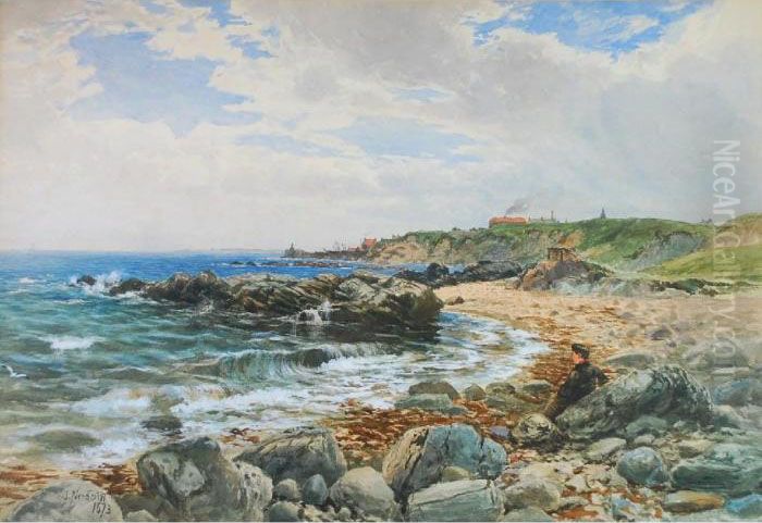 'isle Of Arran' Beach Scene With Boy Seated On Rocks Oil Painting by John Nesbitt