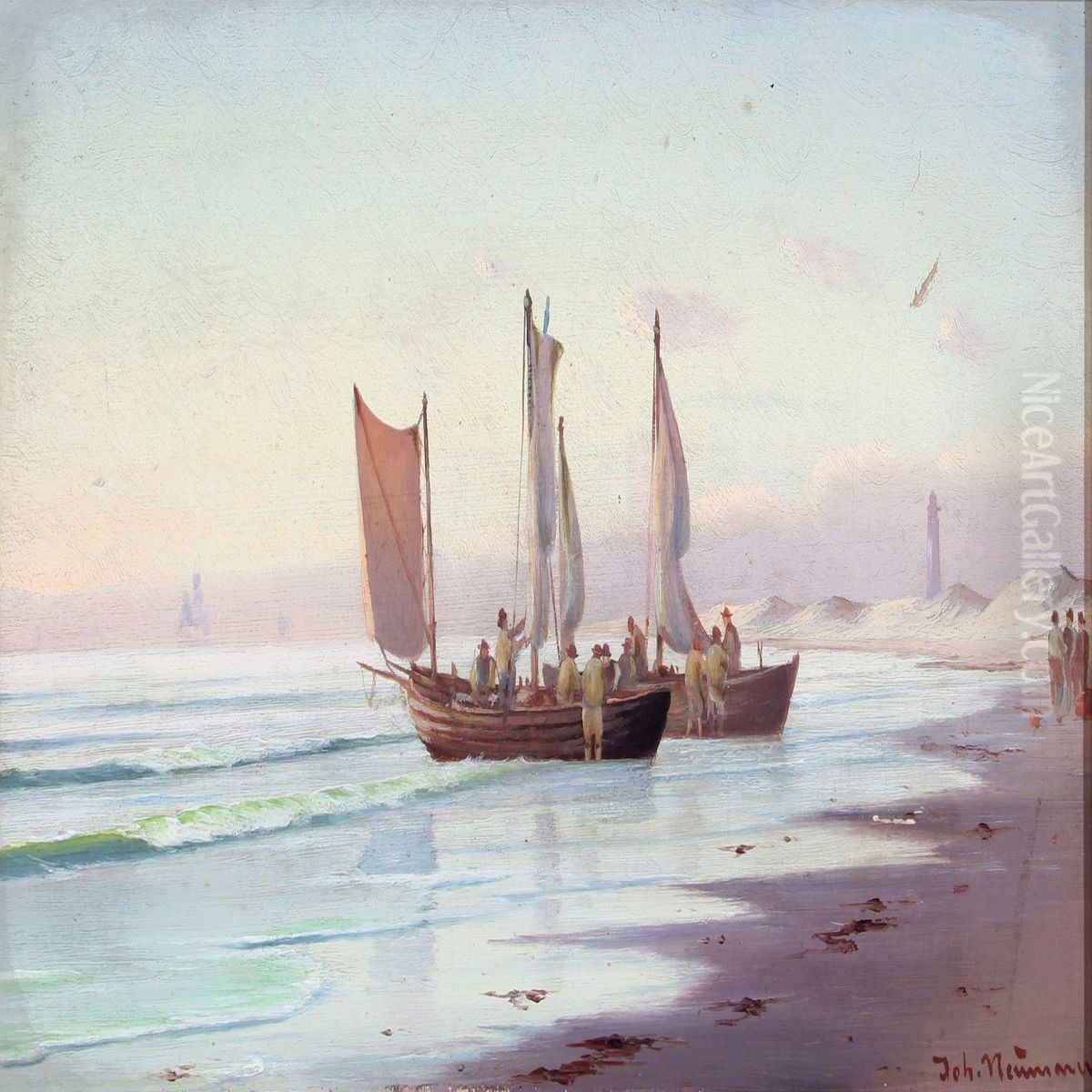 Beach Scenery With Fishermen Oil Painting by Johann Neumann