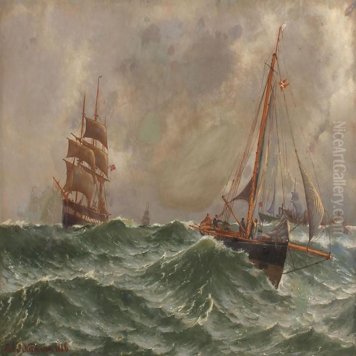 Sailing Ships In High Waves Oil Painting by Johann Neumann