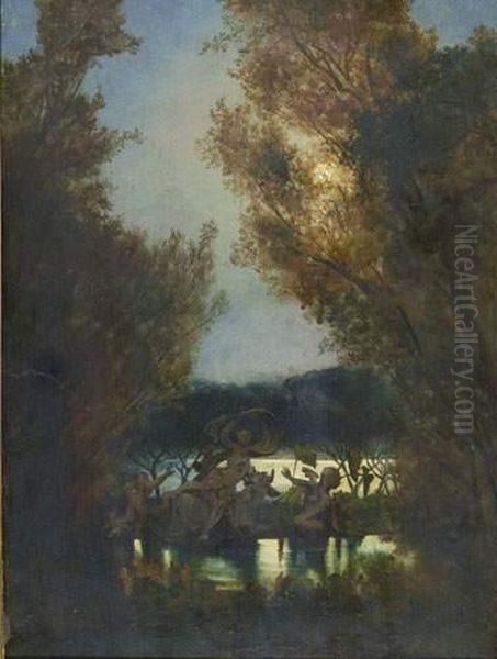 Waldinneres Mit Fluss Und Mythologischer Szene. Oil Painting by Eugen Neureuther