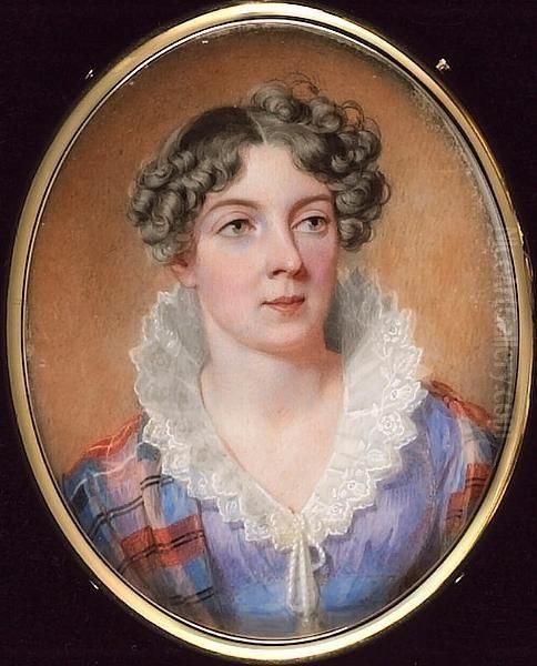 A Lady, Wearing Lilac-blue Dress With White Starched Collar Tied With Tassels And Tartan Shawl Over Her Shoulders, Her Brown Hair Curled. Oil Painting by Newton, Sir William John