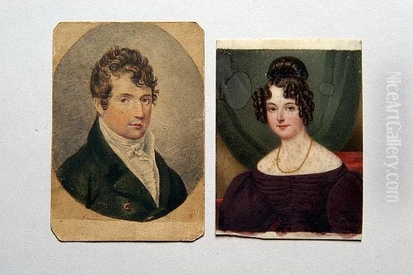 A Portrait Of A Young Lady, Her Hair Ornately Dressed With Ringlets And Having Brown Eyes, Wearing A Claret Coloured Gown And Gold Necklace Oil Painting by Newton, Sir William John