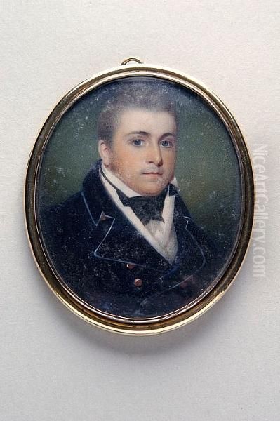 A Young Gentleman Having Fair Hair And Blue Eyes And Wearing A Blue Coat With Gold Buttons, White Shirt And Waistcoat And Black Stock, Against A Green Stippled Ground Oil Painting by Newton, Sir William John