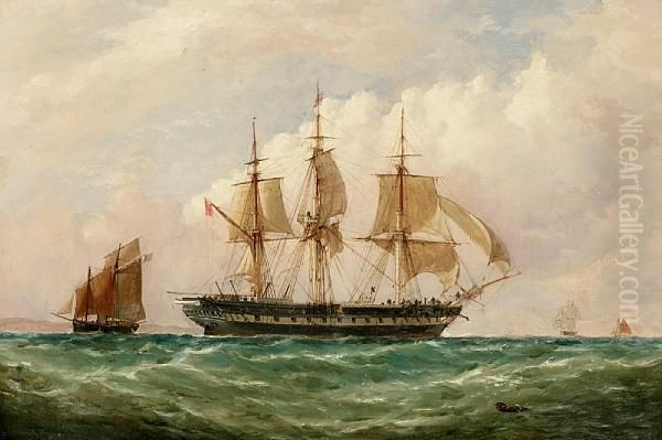 A British Frigate Of The Red Fleet Hove To Awaiting A Pilot Off France Oil Painting by Richard Henry Nibbs