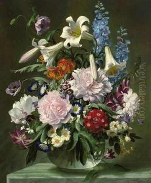 Lilies, Peonies, Poppies, Morning Glories, Fox Gloves And Other Flowers In A Glass Vase, On A Ledge Oil Painting by John E. Nicholls