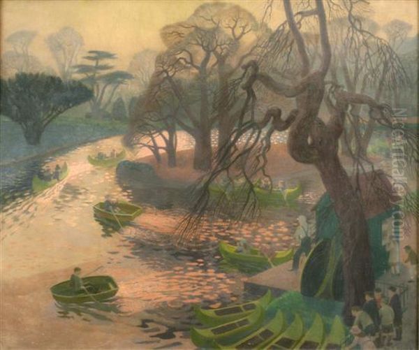 The Boating Pond, Battersea Park Oil Painting by John E. Nicholls