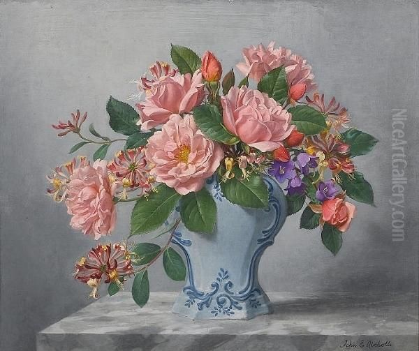 Albertine Roses And Honeysuckle Oil Painting by John E. Nicholls