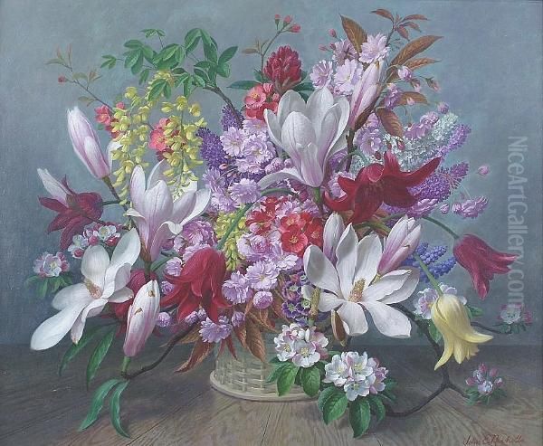Still Life Of Magnolias, Apple Blossom, Lilac And Tulips Oil Painting by John E. Nicholls