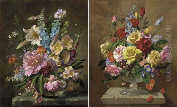 Roses And Other Flowers In A Glass Vase On A Stone Ledge Oil Painting by John E. Nicholls