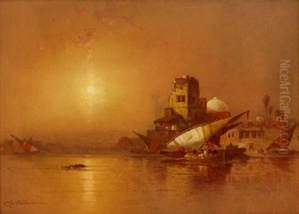 Arab Dhows At Sunset Oil Painting by George Washington Nicholson