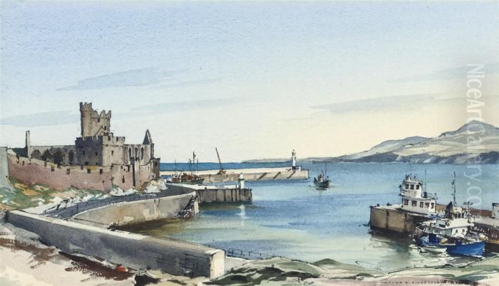 Peel Castle And Harbour Entrance, Isle Of Man Oil Painting by John Howard Nicholson