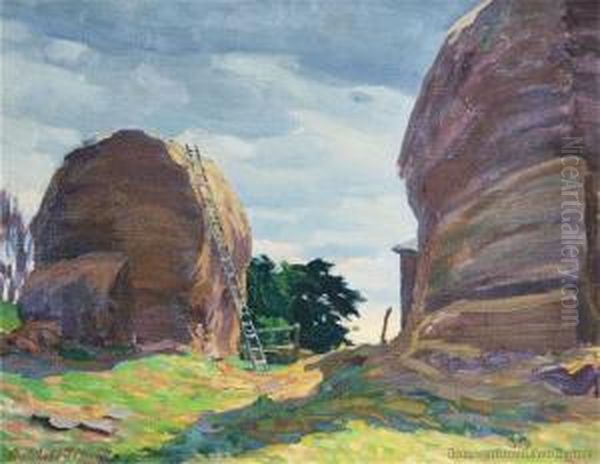 Haystacks Oil Painting by Archibald Frank Nicoll