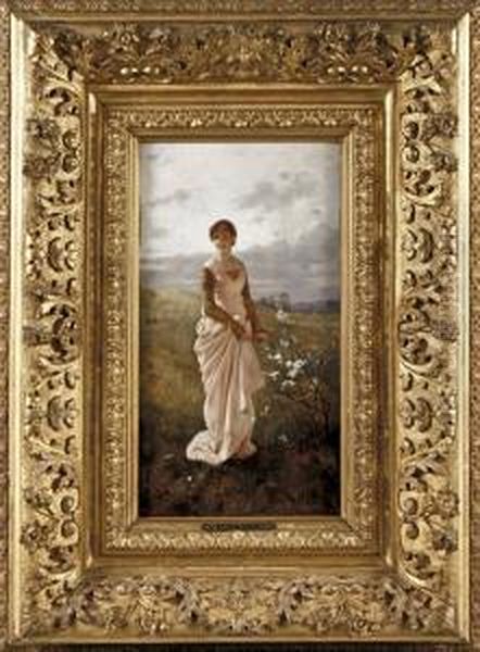 Madchen Am Strauch Mit Bluhenden Oil Painting by Eduard Niczky