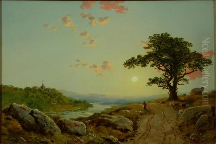 Figure On A Path With An Abbey Beyond Oil Painting by Edmund John Niemann
