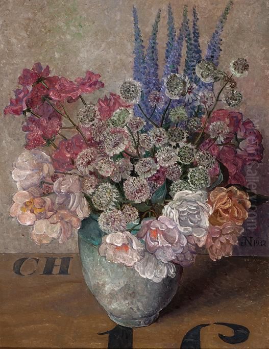 Still Life Of Pink Flowers Oil Painting by Jaap Nieweg