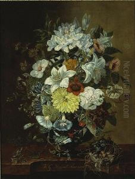 A Still Life Of Flowers In A Vase With A Bird's Nest On A Ledge Oil Painting by Henriette Georgette Nilant Bannier