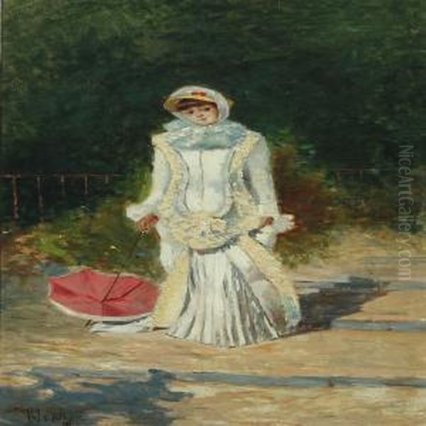 A Young Woman With Parasol Oil Painting by Jose Nin Y Tudo